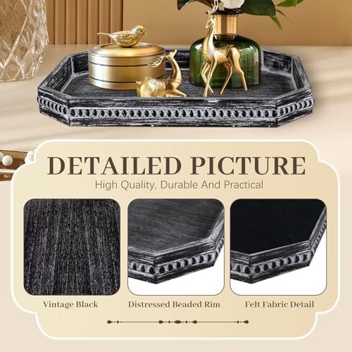 CedarLux Decorative Coffee Table Serving Tray, Long Octagonal Black Wood Tray with Wooden Bead, Farmhouse Big for Ottoman Table, Countertop, Home Decor, 16.5"x13"x1.6" (Retro Black) - Image 6