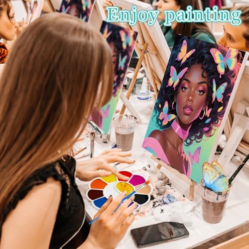 Motipuns 6 Set Pre Drawn Canvas for Painting for Adults Sip and Paint Kit with Easels 8 x 10 Inches Paint Party Kit with Printed Canvas Paints Brushes Palette Apron(Butterfly Girl) - Image 6
