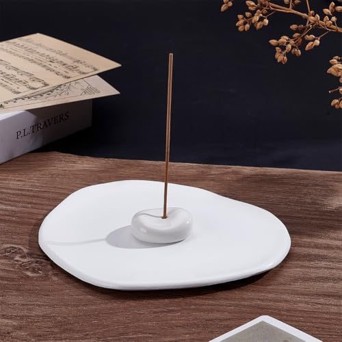 1Pc Ceramic Incense Burner White Oval Incense Holder Incenses Sticks Holder Sturdy Incenses Burner Ash Catcher with 1Pcs Resin Plate for Home Office Livingroom Work Relaxation Meditation - Image 5