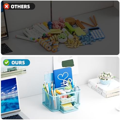 Marbrasse Mesh Desk Organizer, Pen Organizer with 2 Drawer, Multi-Functional Pencil Holder, Desk Organizers and Accessories with 5 Compartments + Drawer for Office Art Supplies (Blue) - Image 7