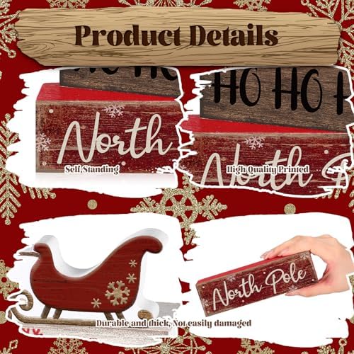 Moucuny 4 Pcs Christmas Wooden Block Signs Santa Reindeer Farmhouse Decor - Image 6