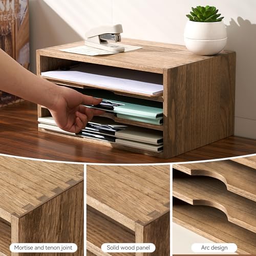 KIRIGEN Wooden Desk Organizer 3-Tier Letter Tray and Paper Sorter, Brown - Image 6