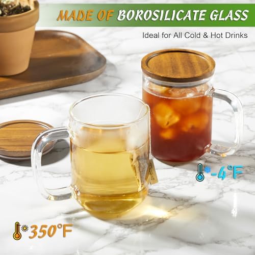 DRASTAR Glass Coffee Cups,12 oz Clear Coffee Mugs with Acacia Wood Lid,Flat Bottomed Coffee Mug with Handles,Tea Cup Set of 2 - Image 7