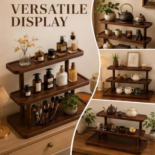 3-Tier Wooden Makeup Organizer, Perfume Stand Organizer with Raised Edge Tray, Multi Layer Wooden Display Storage Stand for Vanity Table Home Decor - Image 6