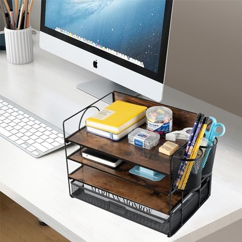 4 Tier Desk Organizers and Accessories, Paper Letter Tray Organizer,Vintage Wood Desk File Organizer with Drawer and 2 Pen Holders for School Home Office Supplies - Image 7