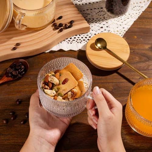 6 PACK Vintage Glass Coffee Mugs 14oz Clear Embossed Tea Cup Set with Bamboo Lids and Gold Spoons,Yogurt Bowl,kitchen gifts for women - Image 6