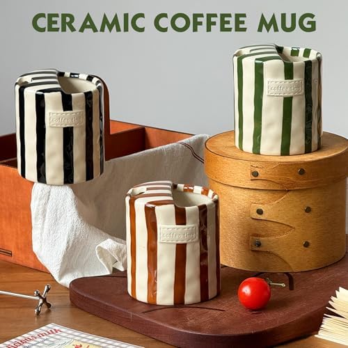 Ceramic Coffee Mugs 10 oz Retro Striped Coffee Mug No Handle with Straw - Image 7