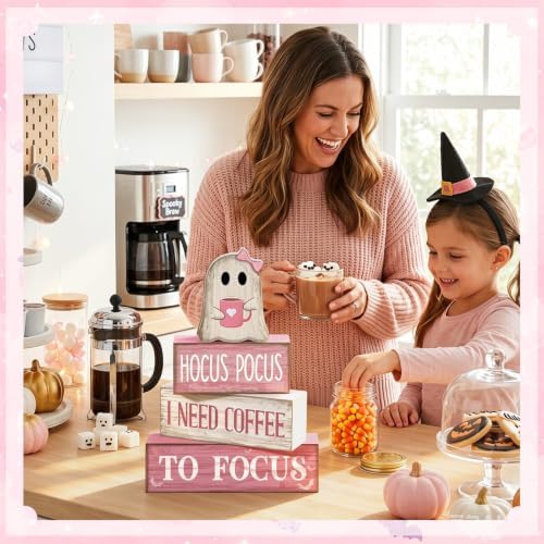 Moucuny 4 Pcs Pink Halloween Table Decor Ghost Wooden Stacked Block Decor - Image 6