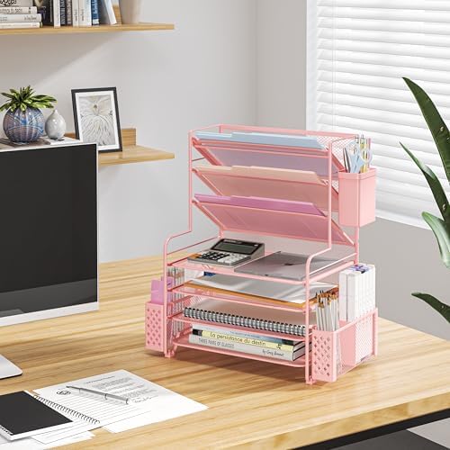 Simple Trending 7 Tier Desk File Organizer, Letter Tray Paper Organizer with Pen Holder and Metal Hanging Basket, Pink - Image 6