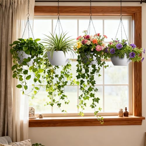 UOUZ 4 Pack 8 Inch Self Watering Hanging Planters for Indoor Outdoor Plants,Hanging Pots for Plants with Drainage Removable Tray, Hanging Baskets Flower Pots for Ivy Pothos Spider Garden Porch White - Image 6