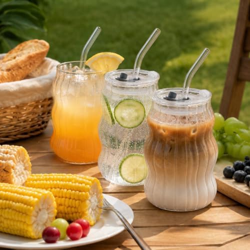 KEMORELA Ribbed Glass Cups with Lids and Straws,18oz Cute Iced Coffee Cups - Image 6