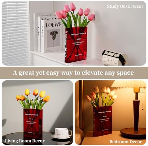 Puransen Clear Book-Shaped Vase for Centerpiece Home Indoor Desk Decor,Red - Image 6