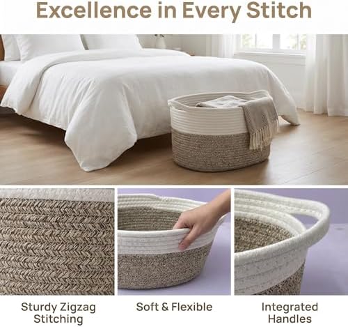 Small Cotton Rope Basket - White Woven Storage Basket with Handles, Desktop Organizer for Keys, Remotes, Makeup, Soft Decorative Bin for Bathroom, Office Shelf (White/Hemp Brown) - Image 6