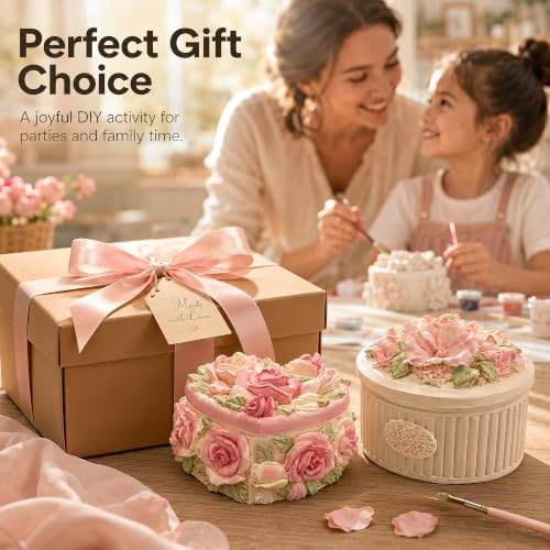 3 Pcs DIY Floral Plaster Jewelry Box Painting Kit for Adults & Teens - 3D Flower Trinket Boxes (Heart, Round, Oval) - Includes 6 Paint Strips, 9 Brushes, 3 Palettes & Secure Packaging - Image 7
