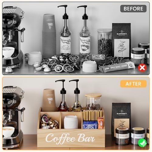 Coffee Station Organizer for Countertop – Wooden Coffee Bar Organizer with Adjustable Dividers,Holds K Cup Pod & syrup bottles, for Kitchen, Office, or Bar and Tea Station, Wood Color - Image 6
