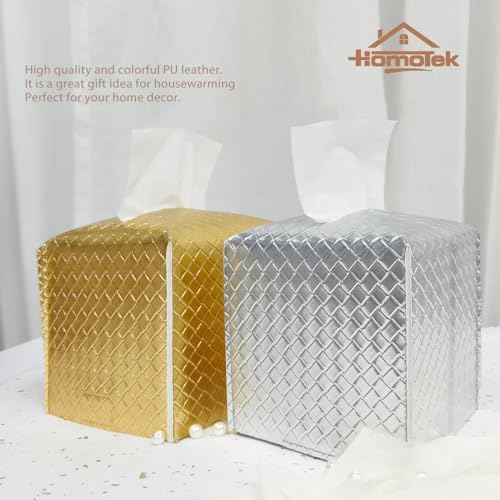 HOMOTEK 2 Pack Tissue Box Cover, Square PU Leather Tissue Holder, Decorative Facial Tissue Cube Paper Organizer Dispenser for Bathroom, Night Stands, Desk, Car 5X5X5'' - Woven Waffle, Brass - Image 6