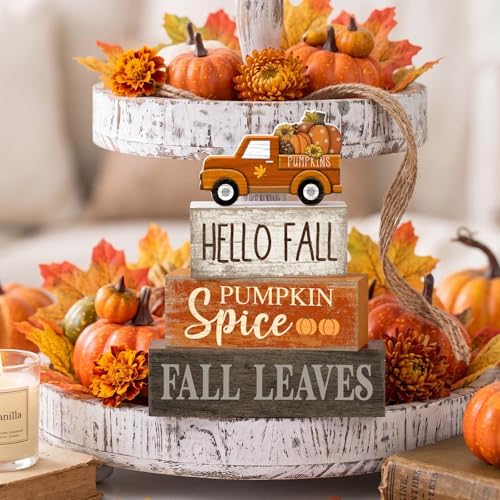 Moucuny 4 Pcs Fall Table Decor, Pumpkin Wood Block Sign Home Tray - Image 7