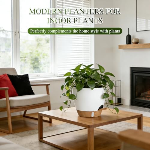 Self Watering Pots with Drainage Holes, 2 Pack 8 Inch Plant Pots with Water Level Indicator Deep Reservoir, Large Plastic Planter for Indoor Outdoor Plants - White Brown - Image 7