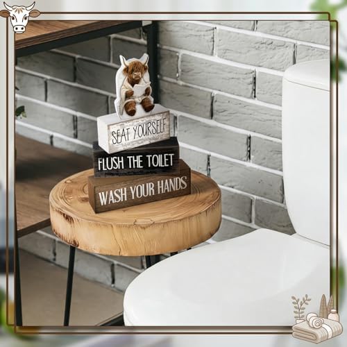 Moucuny 4 Pcs Highland Cow Bathroom Decor Funny Wooden Signs Farmhouse - Image 6
