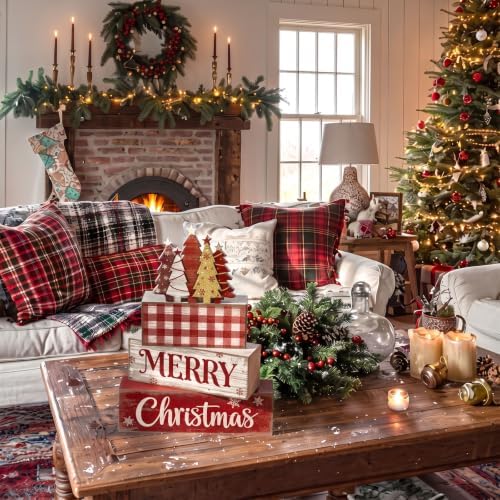 Moucuny 4 Pcs Christmas Table Decor Rustic Merry Wooden Christmas Tree Sign - Image 6