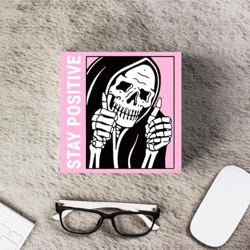 Cute Halloween Decor Indoor Skull Gothic Home Decor Goth Decor Halloween Skeletons Stay Positive Skulls Skeleton Man Sign for Home Office Desk Accessories Gifts 5 x 5 Inches (Pink) - Image 6