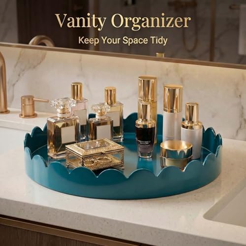 Gesodant 13" Round Scalloped Tray for Coffee Table Decor & Centerpiece, Glossy Lacquer Style Serving Tray for Ottoman, Vanity & Entryway, Modern Waterproof Catchall Tray (Deep Teal) - Image 7