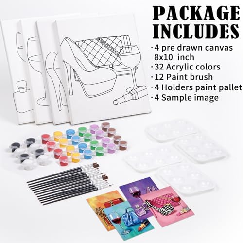 VOCHIC 4 Pack Sip and Paint Kit for Adults,Pre Drawn Canvas for Painting Party Supplies Girls Night Games Couples Paint Art Set Fashion Accessories 8x10 in - Image 5