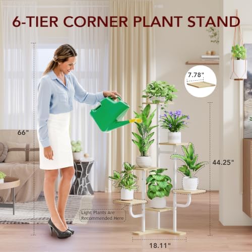 Homsorout Corner Plant Stand with Grow Light - 6 Tier Plant Stand Indoor Square Metal Plant Shelf with Adjustable Light, Plant Organizer for Living Room, Garden, Home Decor, Maple - Image 6