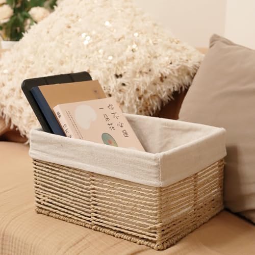 GYASVWU Hand-Woven Paper Rope Storage Baskets,Rectangular Wicker Baskets for Organizing,Decorative Woven Basket for Storage,Shelf Basket for Living Room,Storage Baskets for Pantry (Beige - Small) - Image 7