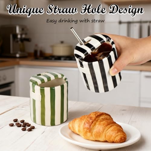 Novelty Ceramic Coffee Mug with Sip Hole, Retro Striped Hand-Painted Design - Image 7