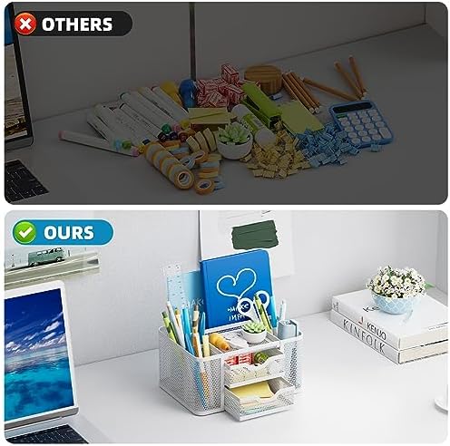Marbrasse Mesh Desk Organizer, Pen Organizer with 2 Drawer, Multi-Functional Pencil Holder, Desk Organizers and Accessories with 5 Compartments + Drawer for Office Art Supplies (White) - Image 7