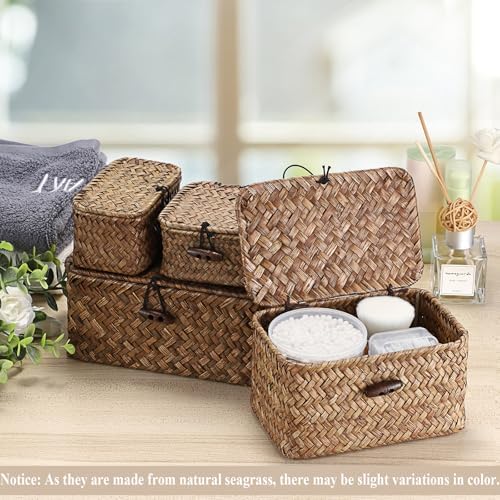 Hipiwe Mini Seagrass Basket Box with Lid Wicker Storage Bins, 4.3x 2.5x2.1" - Image 7