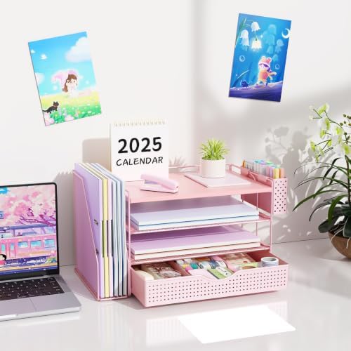 gianotter Wood Desk Organizers and Accessories with File Holder, 4-Tier Desk Accessories & Workspace Organizers with Drawer and Pen Holder, Desk Reference Organizer (Pink, 4T with Drawer) - Image 7