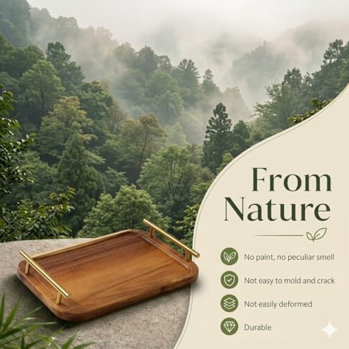 Bathroom Tray for Countertop Organizer,Vanity Tray with Gold Handle, Acacia Wood Tray for Bathroom Decor,Toilet Tank Tray, Multipurpose Organizer Rack for Lavatory Bathroom and Kitchen 11.8"X 7.8" - Image 6