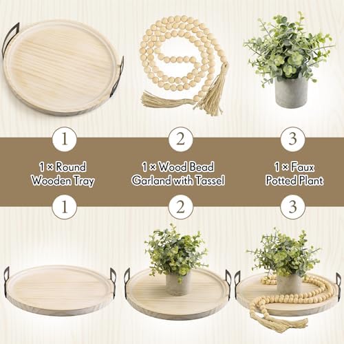 Novabright 12.6 Inch Large Round Decorative Tray with Bead Garland and Eucalyptus Potted Plants, Boho Whitewashed Farmhouse Coffee Table Centerpiece Vintage Wooden Tray for Living Room, Kitchen - Image 6