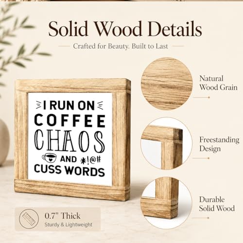 Funny Coffee Chaos Wood Sign, I Run On Coffee Chaos And Cuss Words Plaque, Sarcastic Kitchen Office Desk Decor, Rustic Shelf Sitter For Coffees Station Cubicle Home Bar, 5.9 x 5.9 in - Image 6