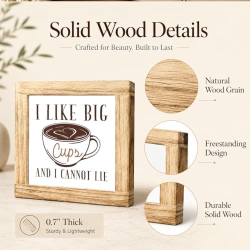 Coffee Wooden Plaque, I Like Big Cups and I Cannot Lie, Funny Kitchen Coffee Sign, Brown Latte Art Decor Accent, Rustic Counter Display For Pantry Shelf Breakfast Bar, 5.9 x 5.9 in - Image 6