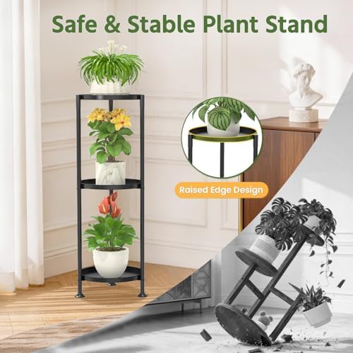 LASZOLA Plant Stand Indoor Tall Corner with Large Metal Tray, 3 Tier Black - Image 6