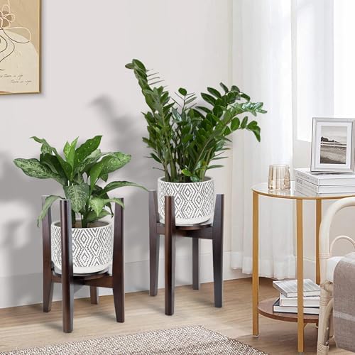 2 Packs Adjustable Plant Stand with Tray,Indoor Wood Plant Stand Fit 8'' to 12'' Planter,Mid Century Modern Flower Pot Holder Rack(Plant and Pot Not Included) Walnut - Image 6