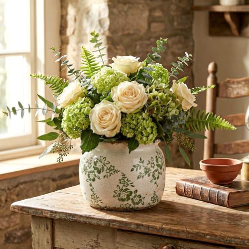 5.9'' Vintage Ceramic Planter, Ice Crack Glaze Green Ditsy Floral - Image 6