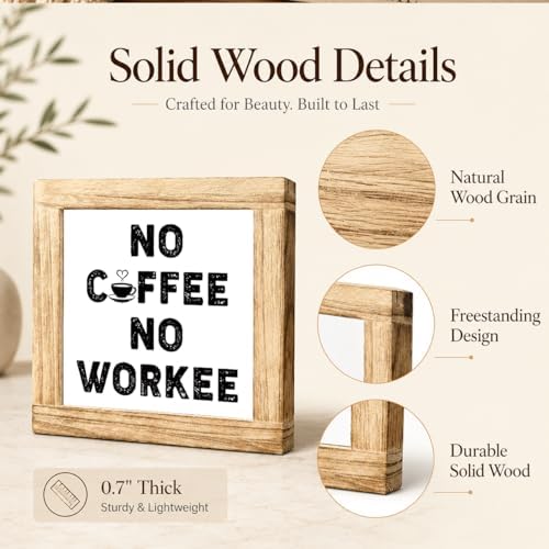No Coffee No Workee Wooden Sign, Funny Office Desk Plaque, Caffeine Lover Kitchen Decor Accent, Rustic Farmhouse Shelf Display For Cubicle Pantry Breakroom Coffee Nook, 5.9 x 5.9 in - Image 6