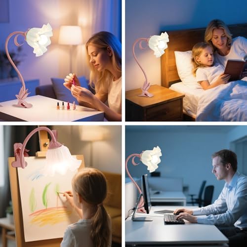 Clip On Light and Flower Bedside Table Lamp, Flexible Gooseneck Reading Book Light with 3 Color Modes, Night Light for Kids Nursery, Clip on for Desk, Bed Headboard, Dorm (Pink) - Image 7