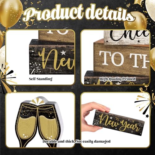 Moucuny 4 Pcs New Year Wooden Block Signs Farmhouse Table Centerpiece - Image 6