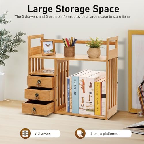 Desktop Bookshelf, 19.7" Desktop Organizer Shelf Desk Hutch for Computer Desk 2 Tier Desk Shelf Multifunctional Freestanding Storage Rack Display Shelf with 3 Drawers for Home Office - Image 6