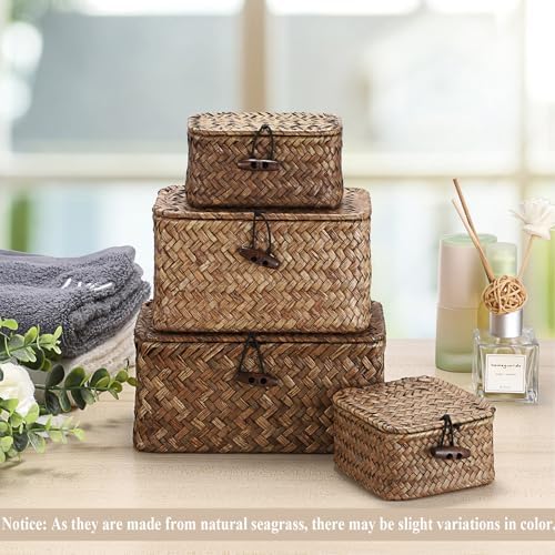 Hipiwe Mini Seagrass Basket Box Wicker Shelf Baskets with Lid, 3.5"x3.5"x2" - Image 7