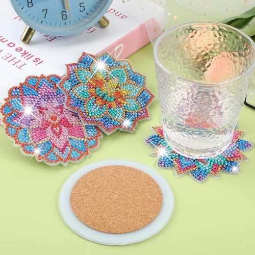 UPINS 8Pcs Lotus Diamond Art Painting Coasters Kits with Holder, Diamond Art Non Slip Coaster Kits DIY with Holder Crafts for Adults Diamond Art Painting Kits Supplies for Holiday Gift - Image 7