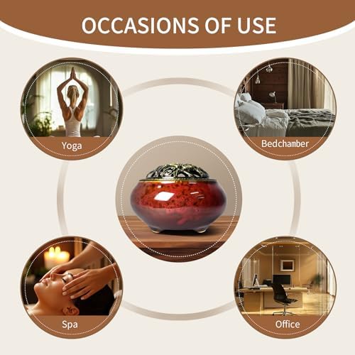 Ceramic Incense Burner, Bowl Burner,Cone Incense Burner with Brass lid for use with Stick or Cone-Shaped Incense,Lotus Incense Stick Holder Calabash Incense Stick Holder, 3pc (Fambe Red) - Image 6