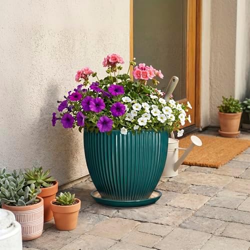 10 Inch Flower Pot, Round Ceramic Planters for Indoor Plants, Decorative Plant Pots with Drainage Hole and Saucer, Modern Large Planter, Office Decor, House Warming Gifts, Blackish Green - Image 7