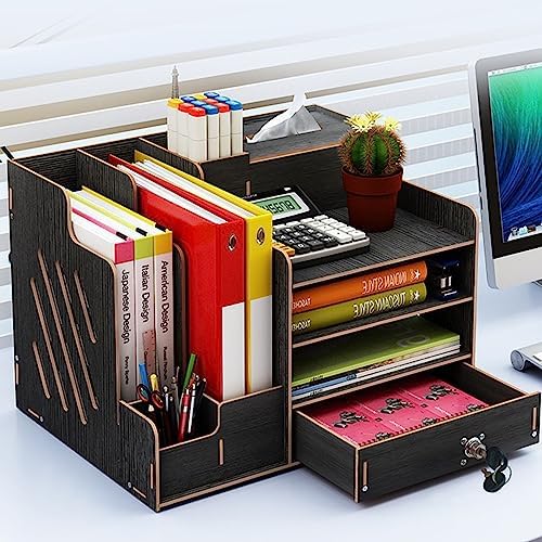 Bamboo Desk Organizer, Desktop Wood Bookshelf File Organizer, Pen Holder and Tissue Holder, 1 Drawer with lock for Office, Home, Need to Install (Light black) - Image 7