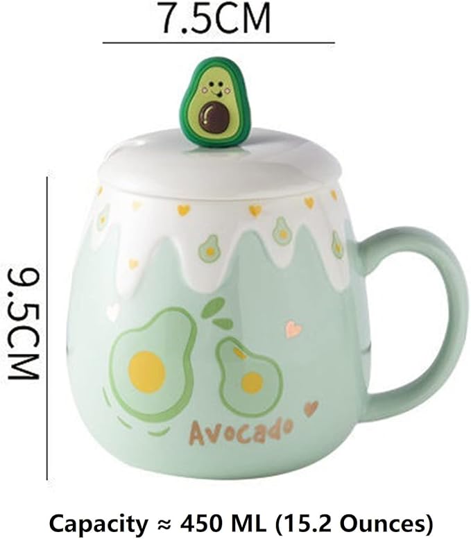 Coffee Mug Cups Ceramic Tea Cup Fruits Avocado Shaped Handmade Pottery Cute Mugs With Lid Spoon Handle Office Home Hot Ice Chocolate Milk Mugs Gifts Microwave Dishwasher Safe Travel Mugs (Green)